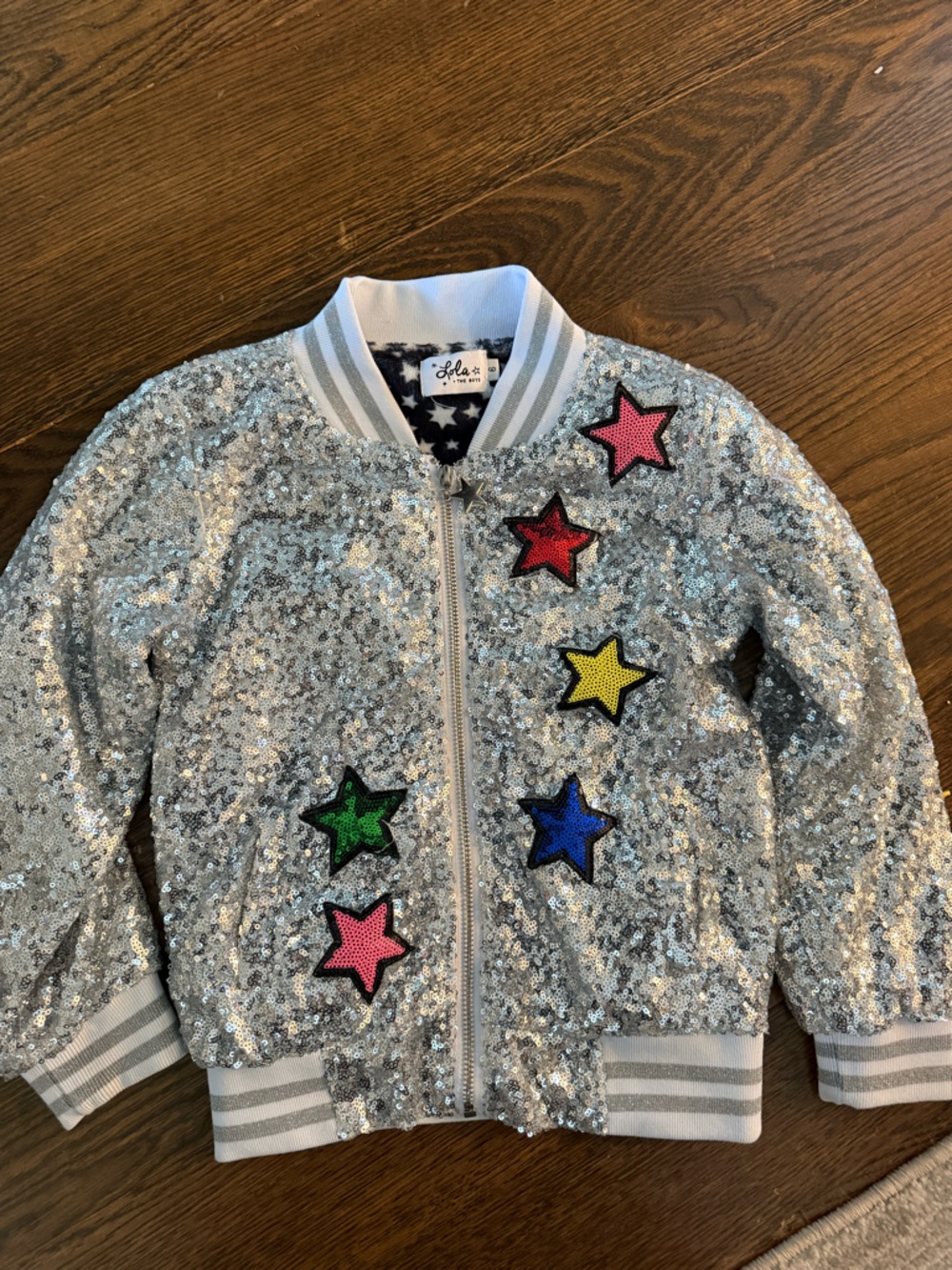 Lola+ the boys Silver Sequin Jacket with Multicolor Star Appliqués